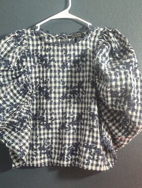 Olivaceous Puffed Chic Sleeves Navy & White Gingham  Embroidered Top